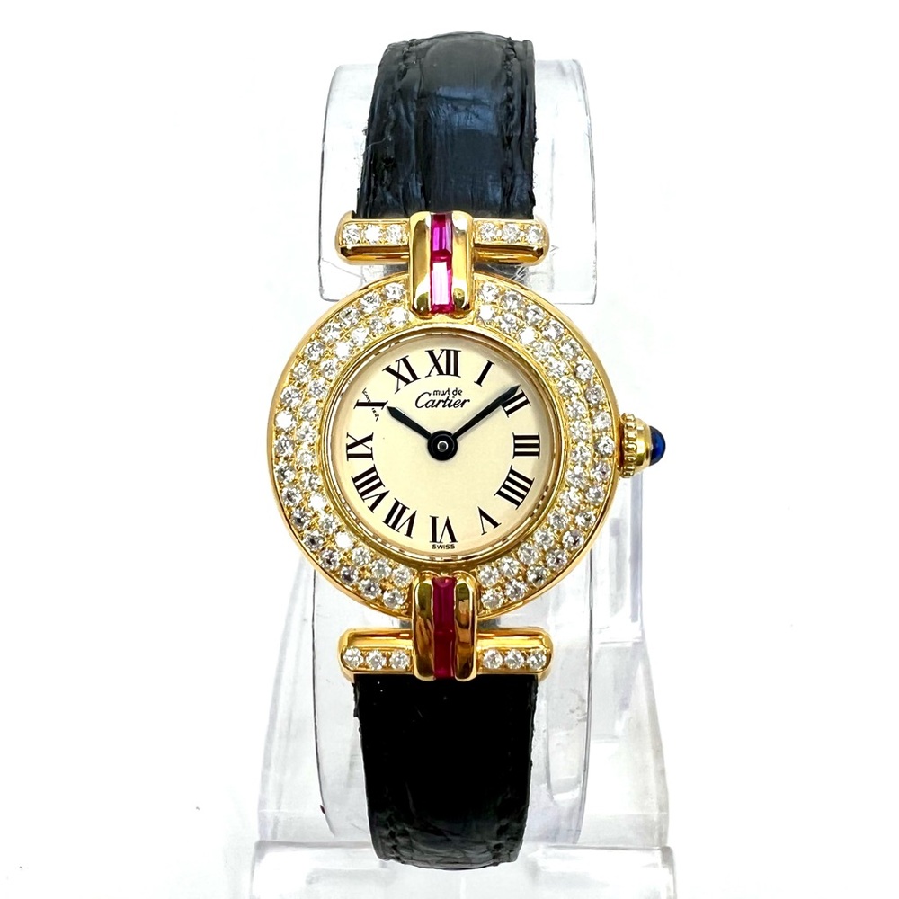CARTIER VERMEIL COLISEE Quartz GP Silver 0.87TCW DIAMONDS & Red Rubies Watch